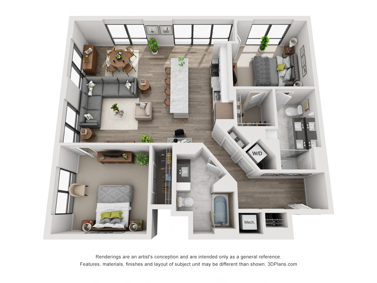 Floor plan for 2 beds, 2 baths, 1234 sqft